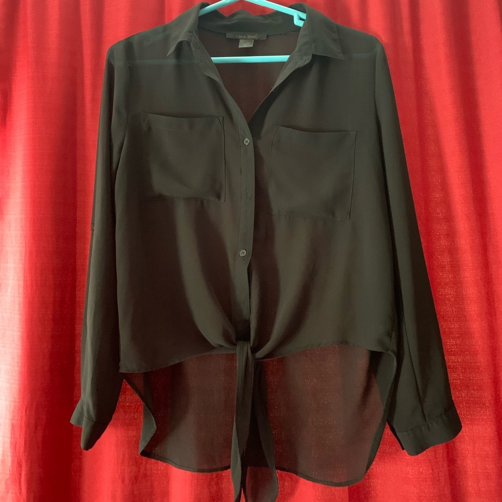 Black Lime Blue, high-low, long sleeve, sheer top with front tie